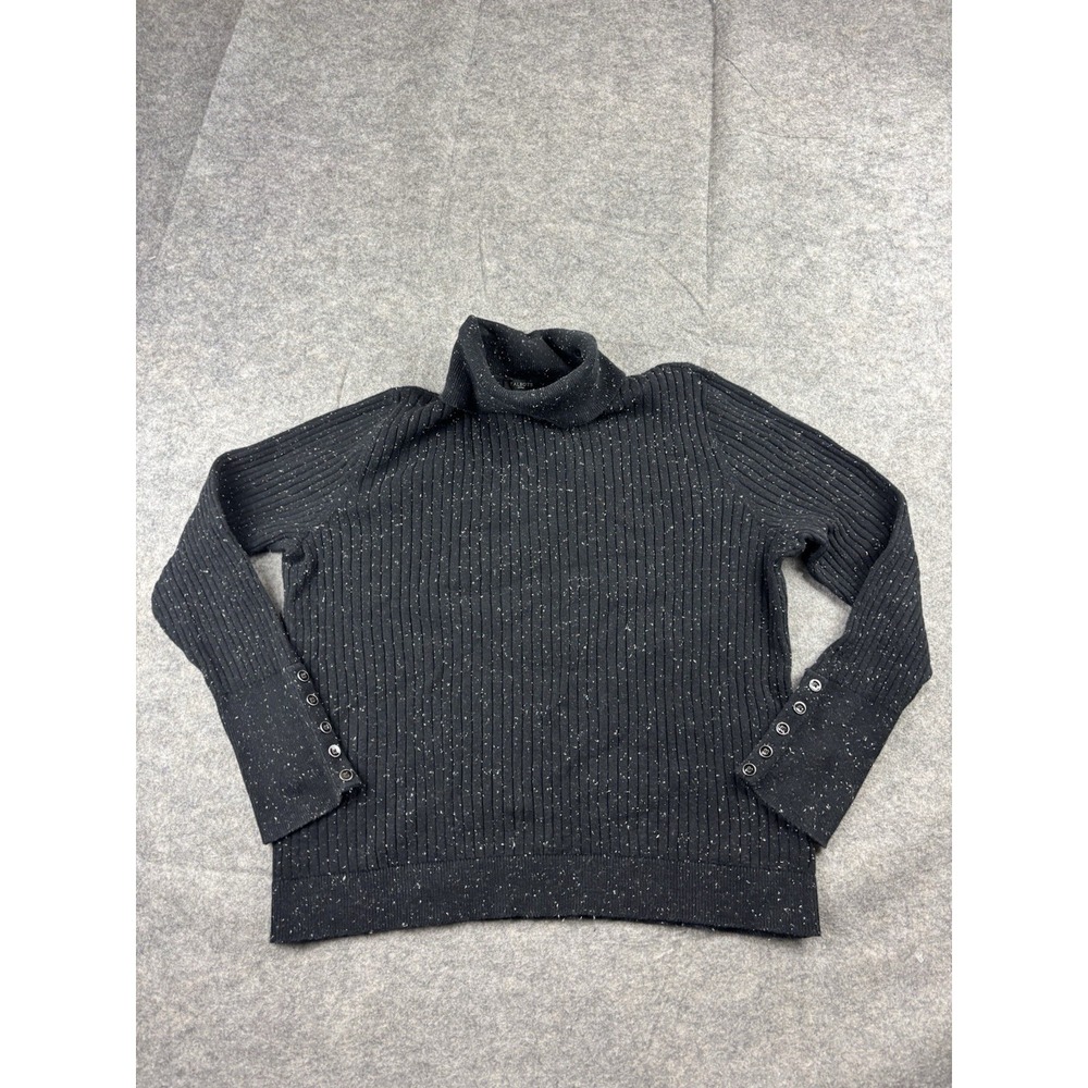 Talbot's‎ Women's L Petite Button Cuff Black Speckle Rib Sweater Turtleneck